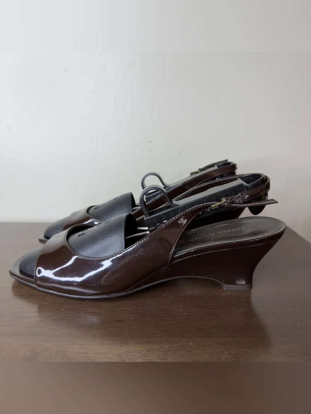 Etienne Aigner Dark Brown Patent Leather Slingback Peep Toe Wedges 9.5 Womens